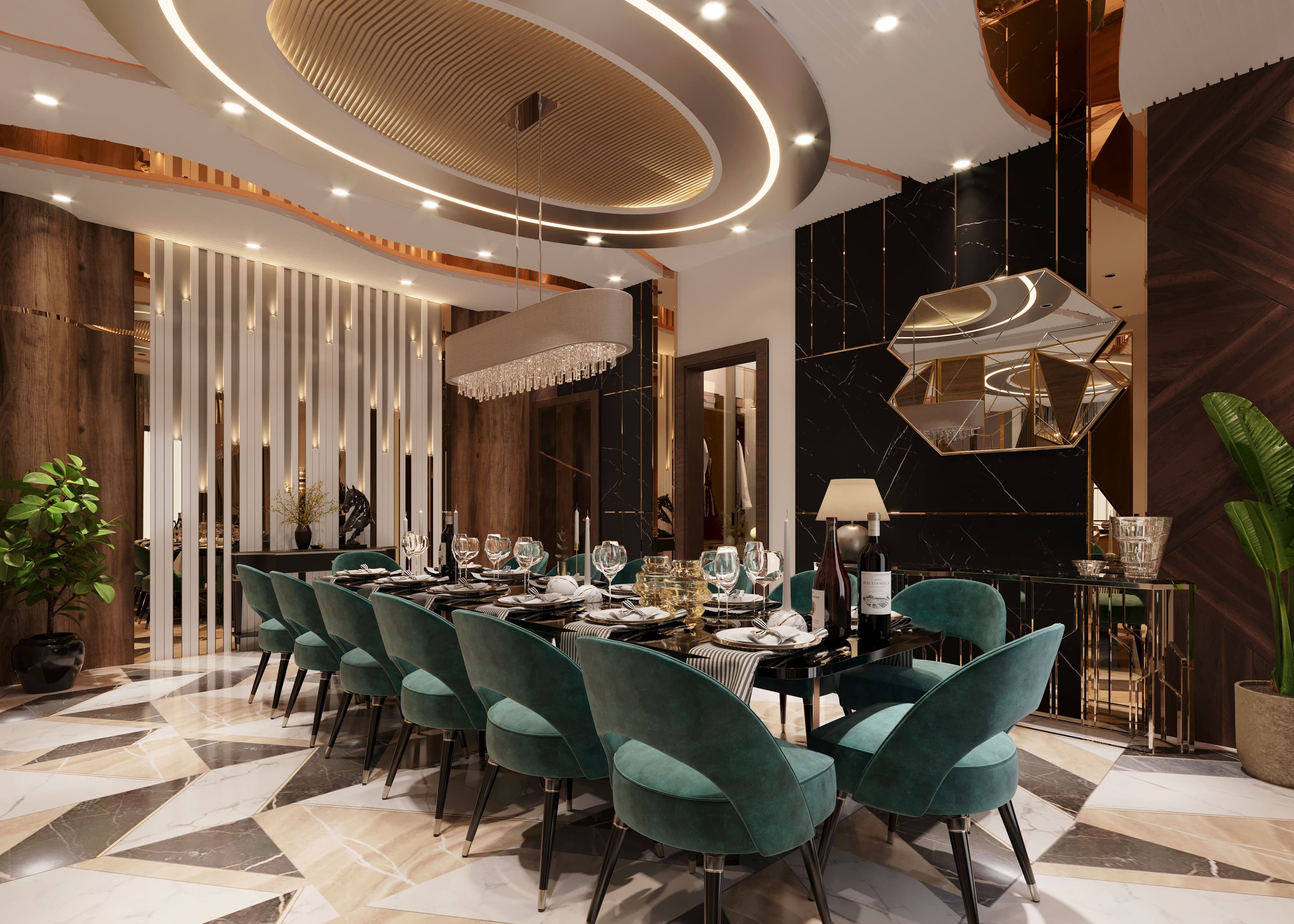 Sala da pranzo arredata con sedie verdi e grande lampadario